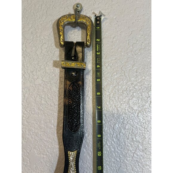 Vtg Western Tooled Leather Belt Silver & Gold Star Conchos Black Sz 38 Unisex - Picture 9 of 14